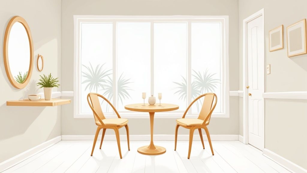 A stylish, compact round dining table with four chairs in a well-lit small dining area.
