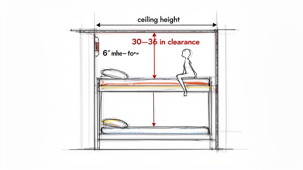 Cross-section diagram showing bunk bed dimensions, including 30-36 inches of clearance above the top bed for sitting.