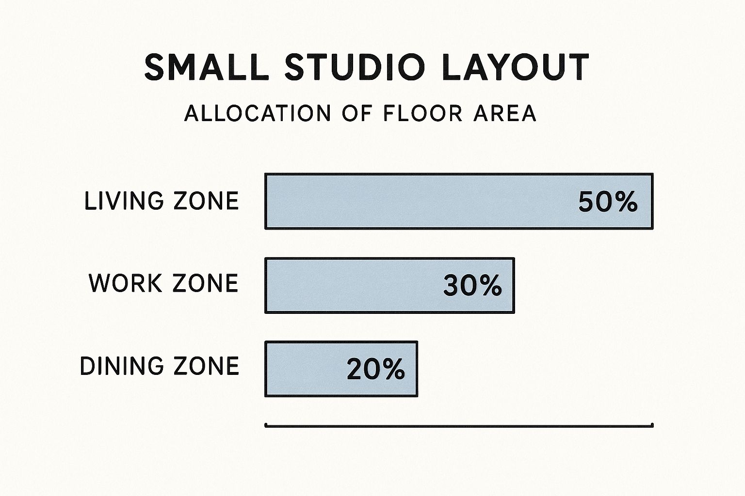 Infographic showing the allocation of floor area in a small studio layout: Living Zone 50%, Work Zone 30%, Dining Zone 20%.