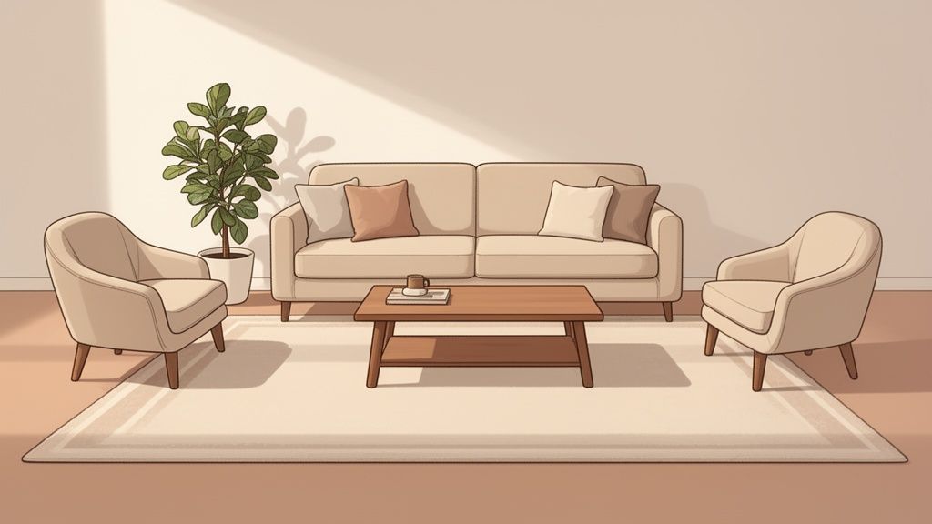 An inviting living room with a beige sofa, two armchairs, coffee table, and large area rug.