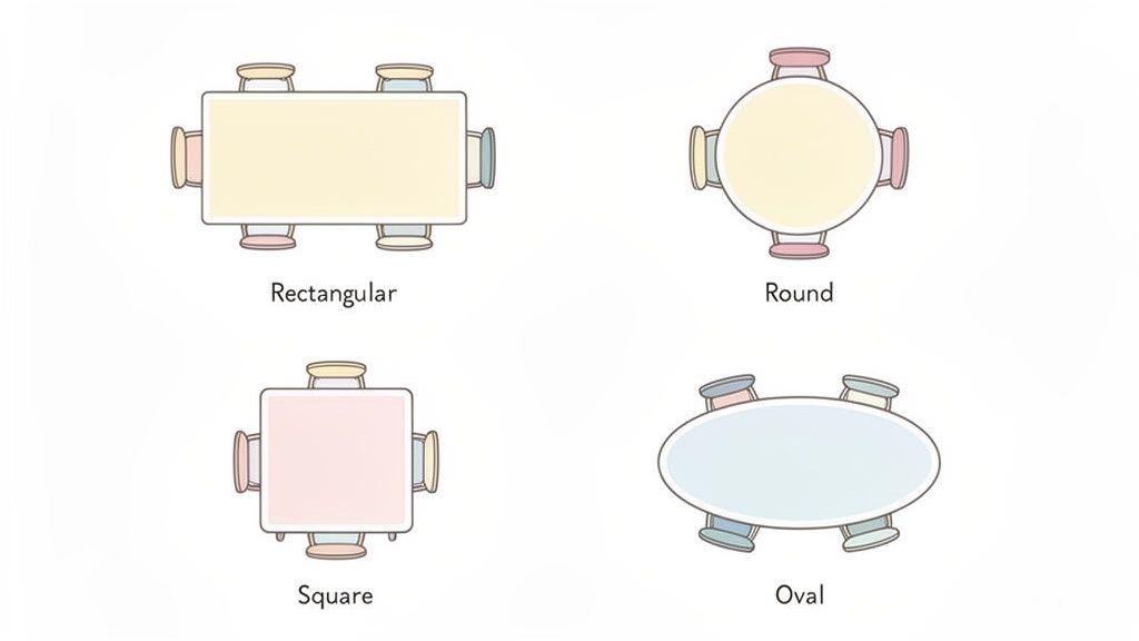 Top-down view of four different dining table shapes: rectangular, round, square, and oval, each with four chairs.