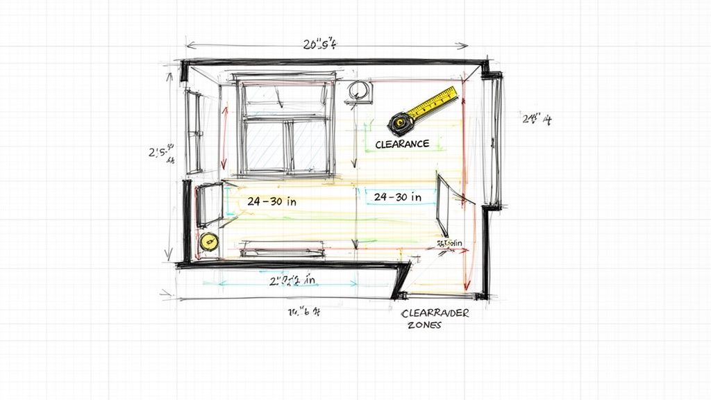 Hand-drawn sketch of a small bedroom floor plan with furniture layout and dimensions.