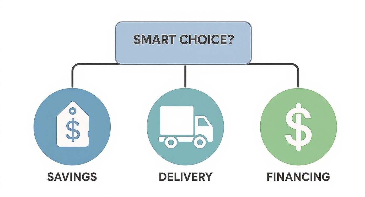 Infographic decision tree illustrating how Lafayette home needs for savings,delivery,and financing lead to Lucas Furniture as the smart choice.