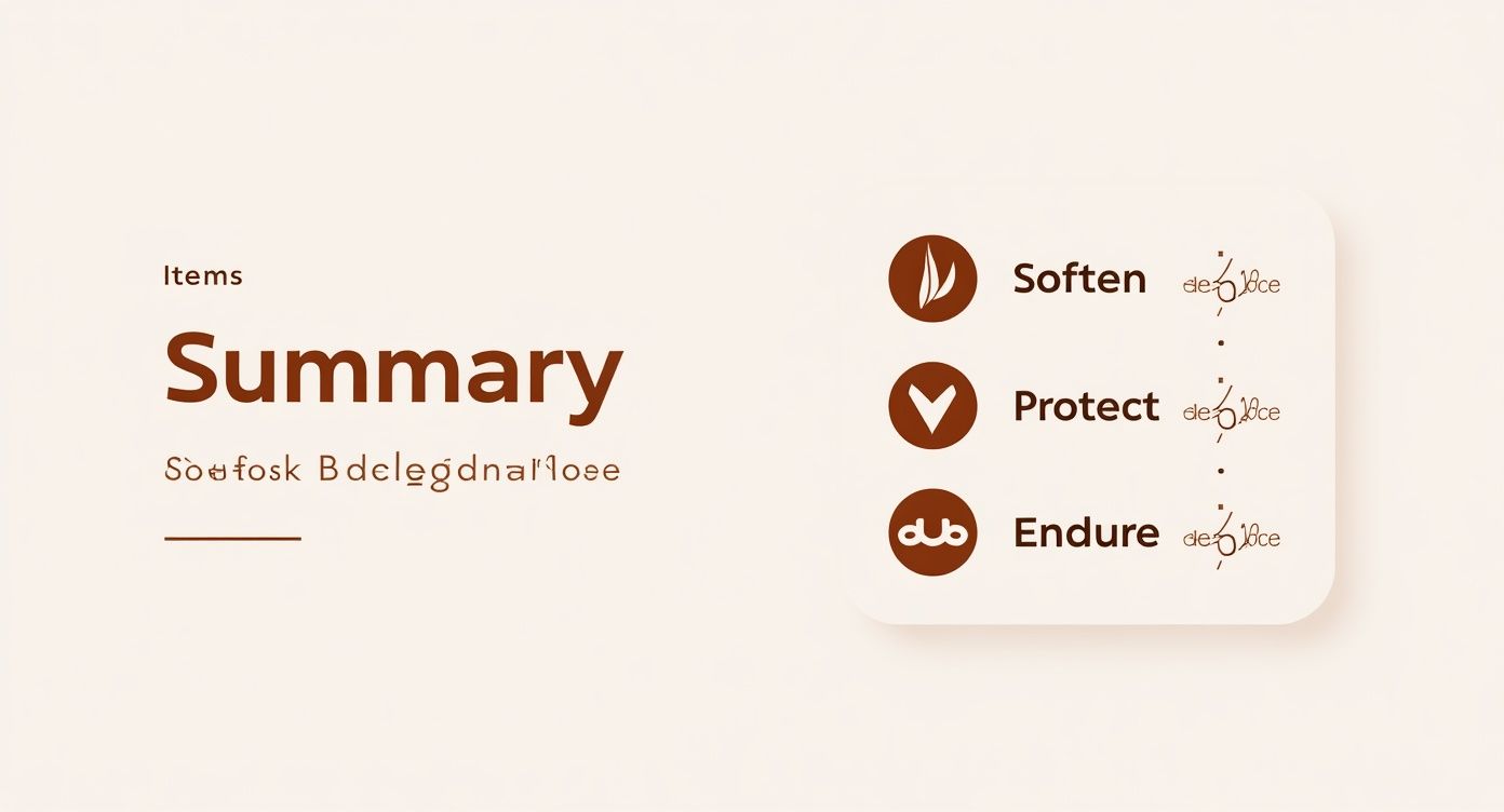 Presentation slide summarizing three key attributes: Soften with a leaf icon, Protect with an arrow, and Endure with a 'dub' logo.