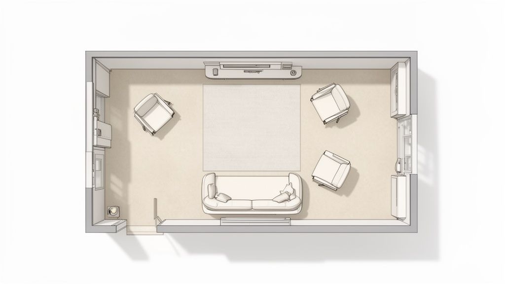 Top-down view of a modern living room layout with a sofa, chairs, rug, and media console.