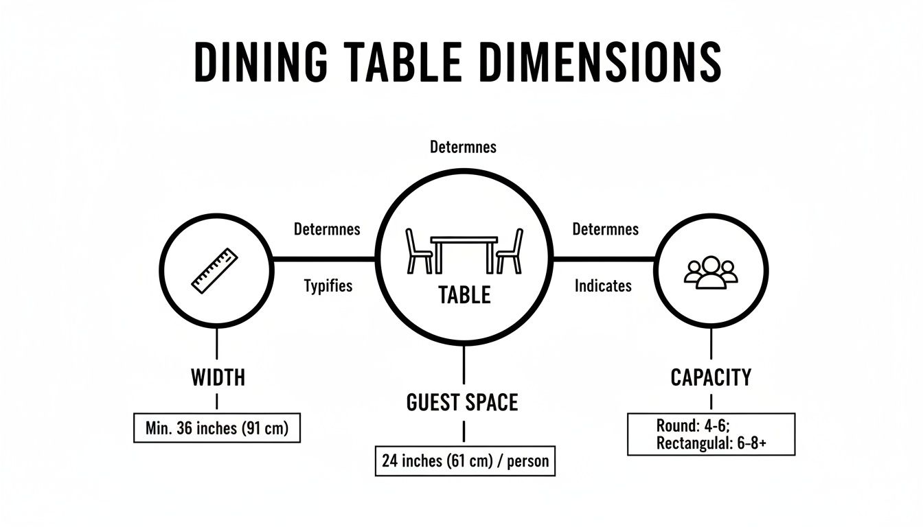 A diagram detailing dining table dimensions, including width, guest space per person, and seating capacity for different table shapes.