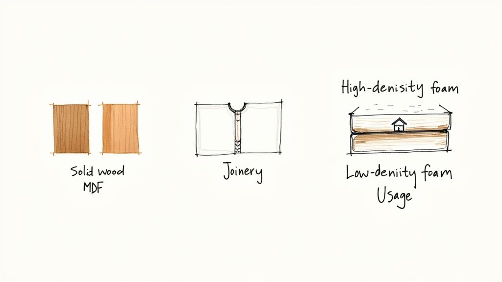 Sketches illustrating solid wood versus MDF, joinery techniques, and high versus low-density foam usage.