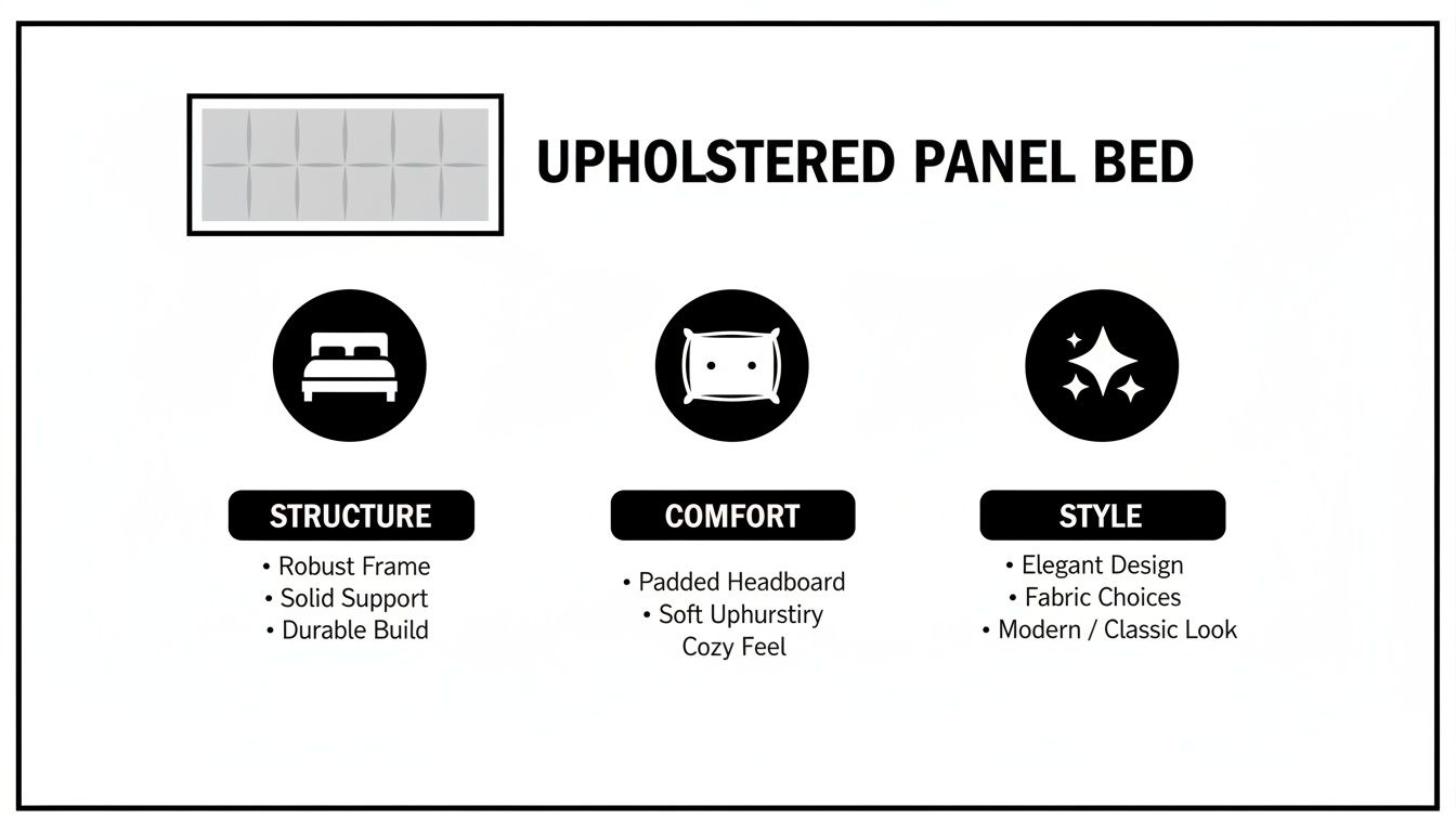 Diagram detailing the structure, comfort, and style advantages of an upholstered panel bed.