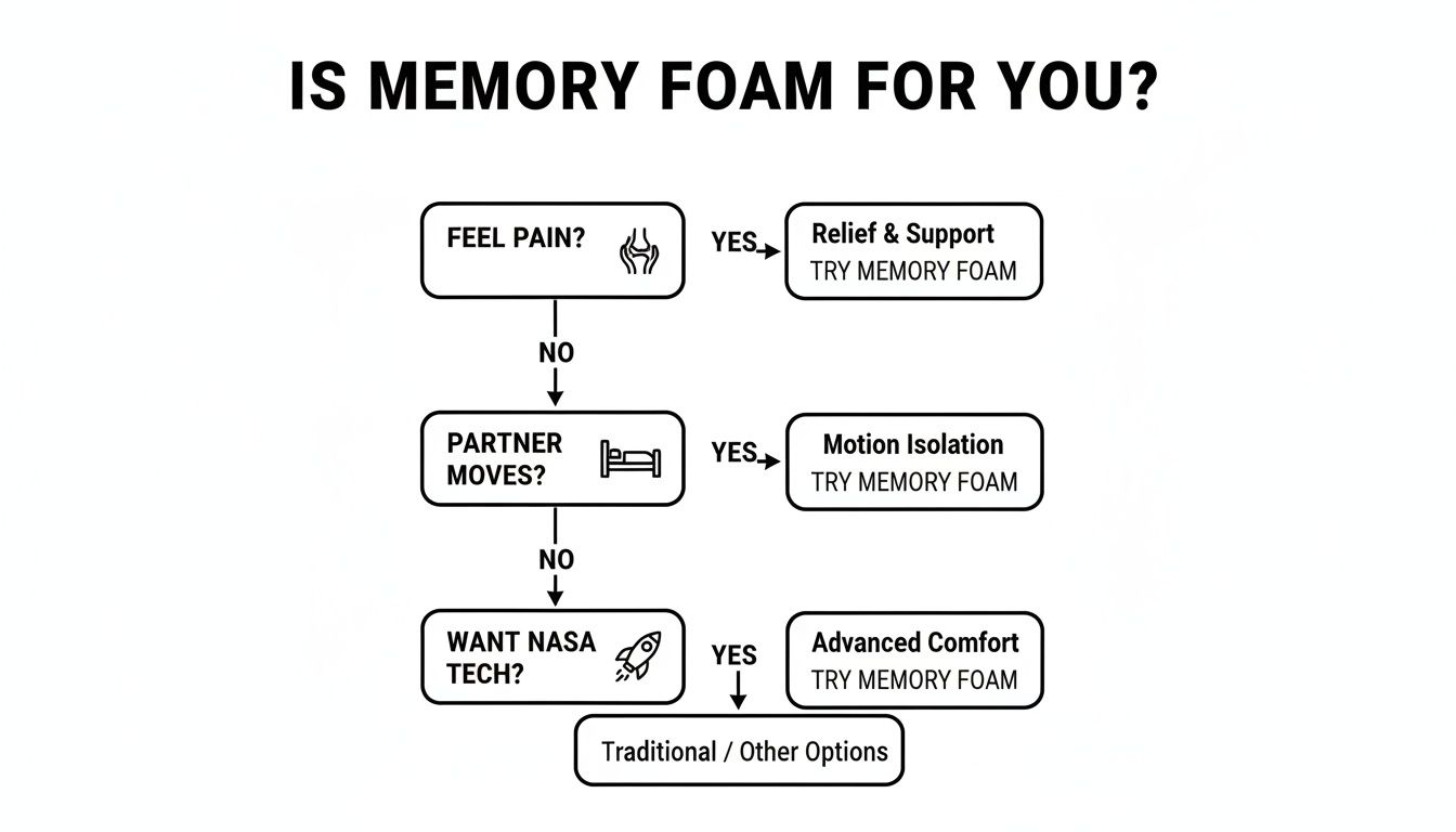 A flowchart guiding individuals on whether memory foam is suitable based on pain, partner movement, and preference for NASA tech.