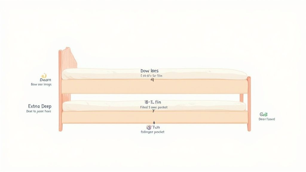 Diagram showing bed sheet sizes with measurements for dawn, extra deep, and twin pockets