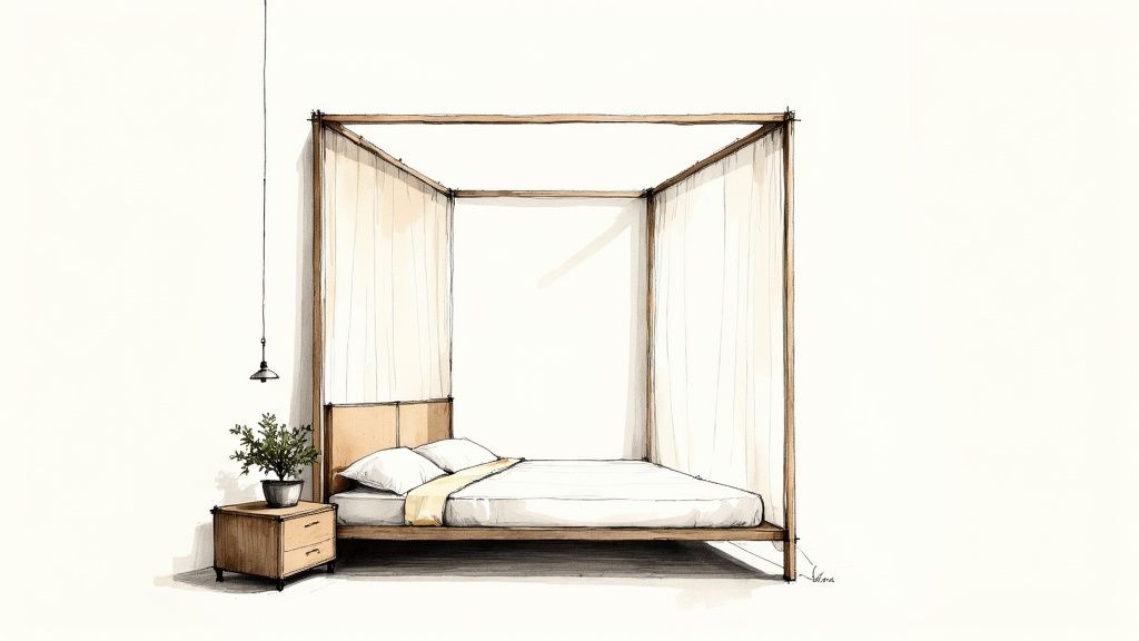 Watercolor sketch of a modern bedroom featuring a wooden canopy bed, nightstand, and potted plant.