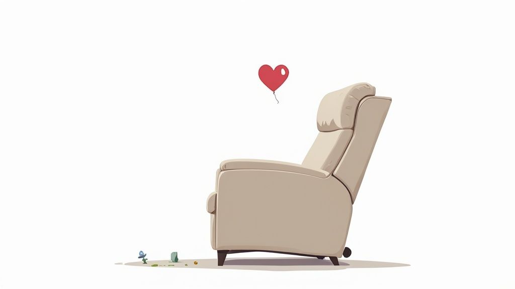 A comfortable beige recliner chair on a white background with a red heart balloon floating above it and small objects on the floor.