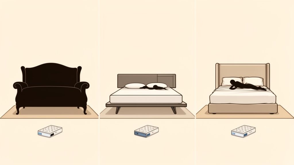 Three panels depict various sleeping arrangements, from a sofa to different bed types, all with a sleep tracker.