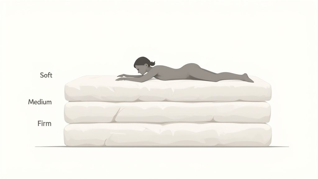 Illustration of a person lying face down on a soft mattress, above medium and firm options.