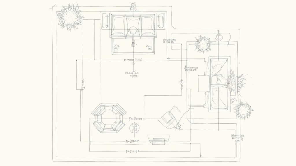 Detailed hand-drawn architectural sketch of an outdoor living space with various furniture arrangements and landscaping.