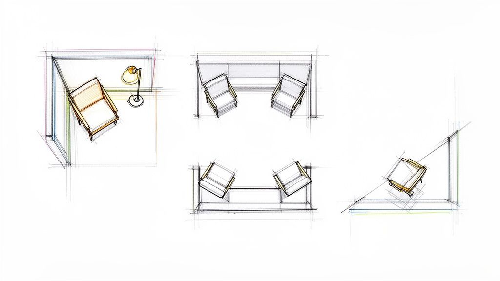 Five architectural sketches illustrating various accent chair and sofa arrangements in different room layouts.