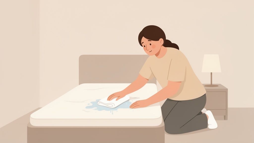 A person kneels by a bed, cleaning a wet mattress with a white towel.
