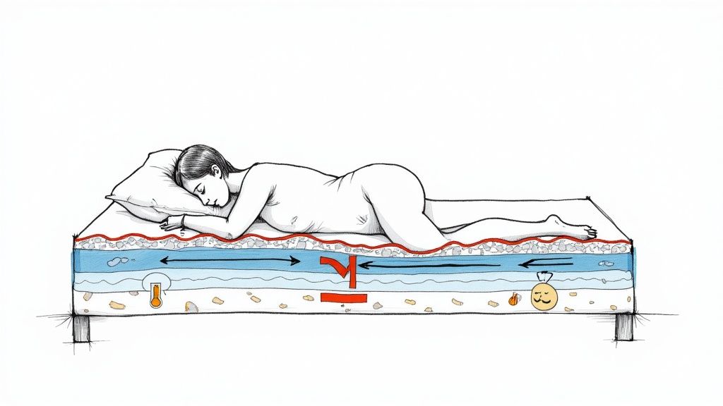Cross-section of a mattress showing a sleeping person and an internal cooling fluid system with arrows.