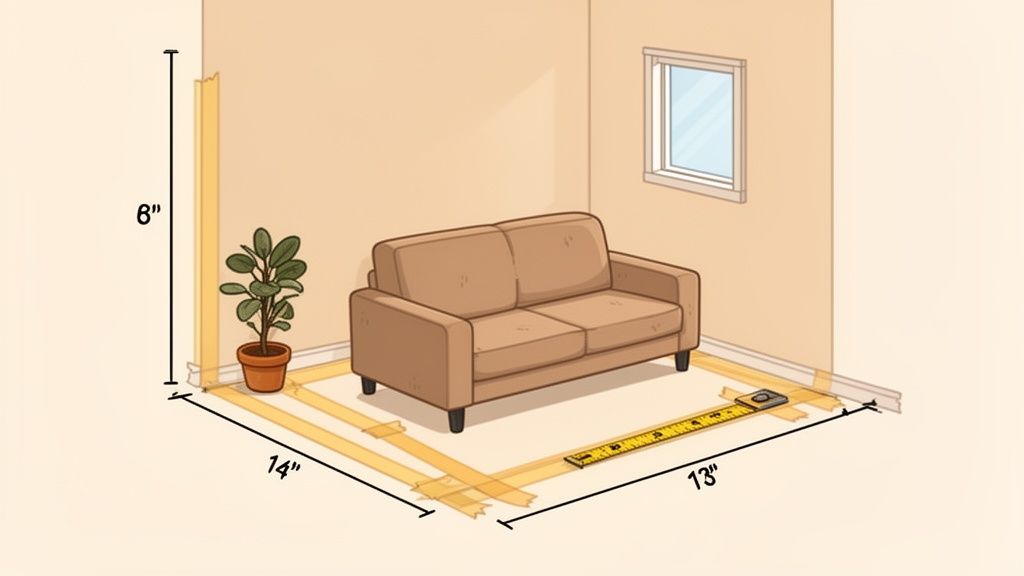 A cozy room being measured with a tape measure, featuring a sofa and a potted plant.