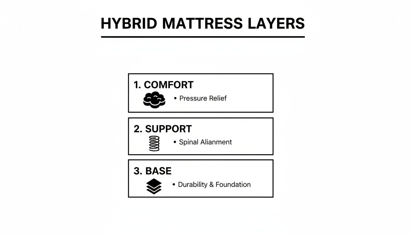 Diagram showing the three essential layers of a hybrid mattress: comfort, support, and base.