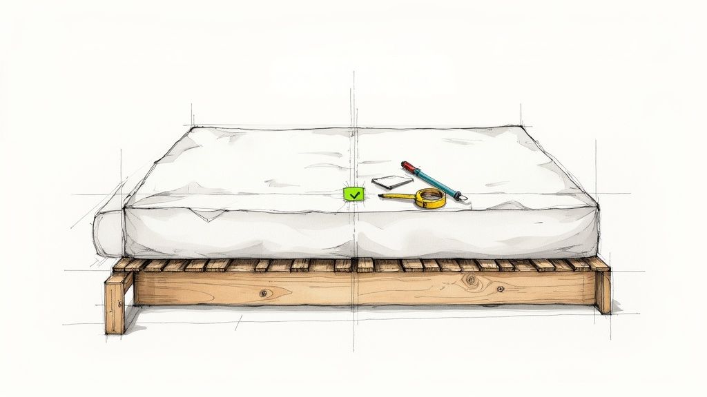 A close-up of a sturdy wooden bed frame with slats.