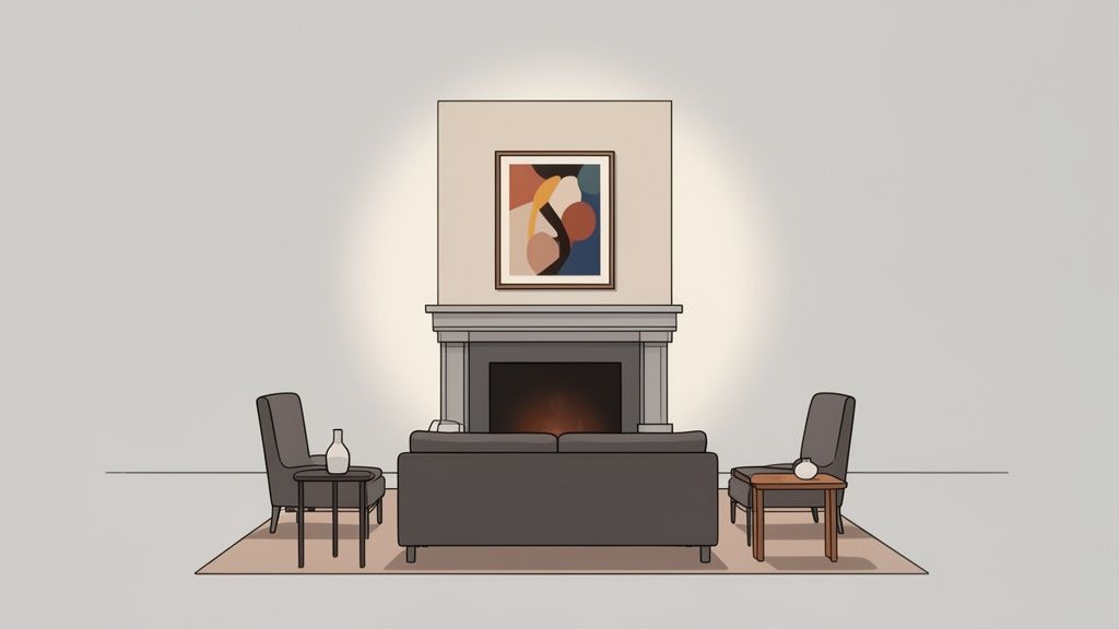 Modern living room illustration with a grey sofa, armchairs, and an abstract painting above a fireplace.