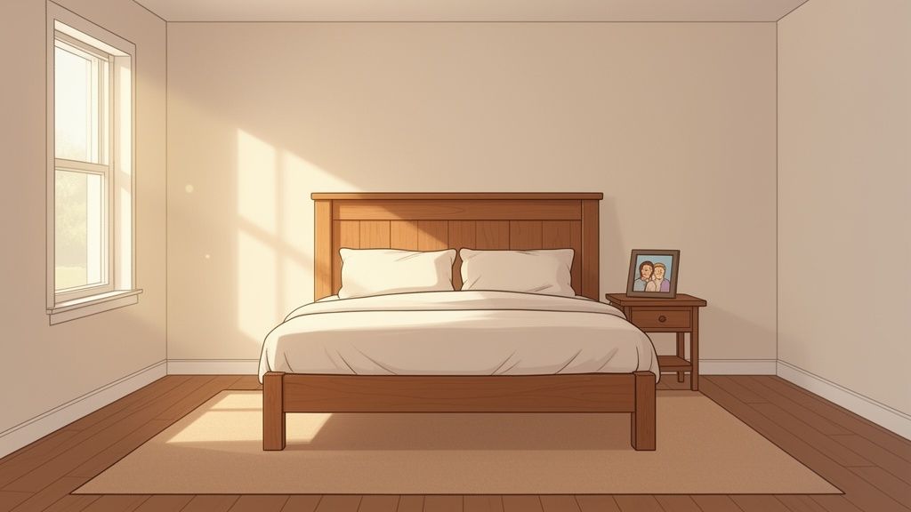 A warm, sunlit bedroom featuring a wooden bed with white bedding and a nightstand.