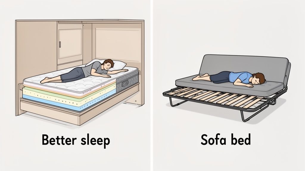 Two illustrations comparing better sleep on a comfortable Murphy bed versus poor sleep on a sofa bed.