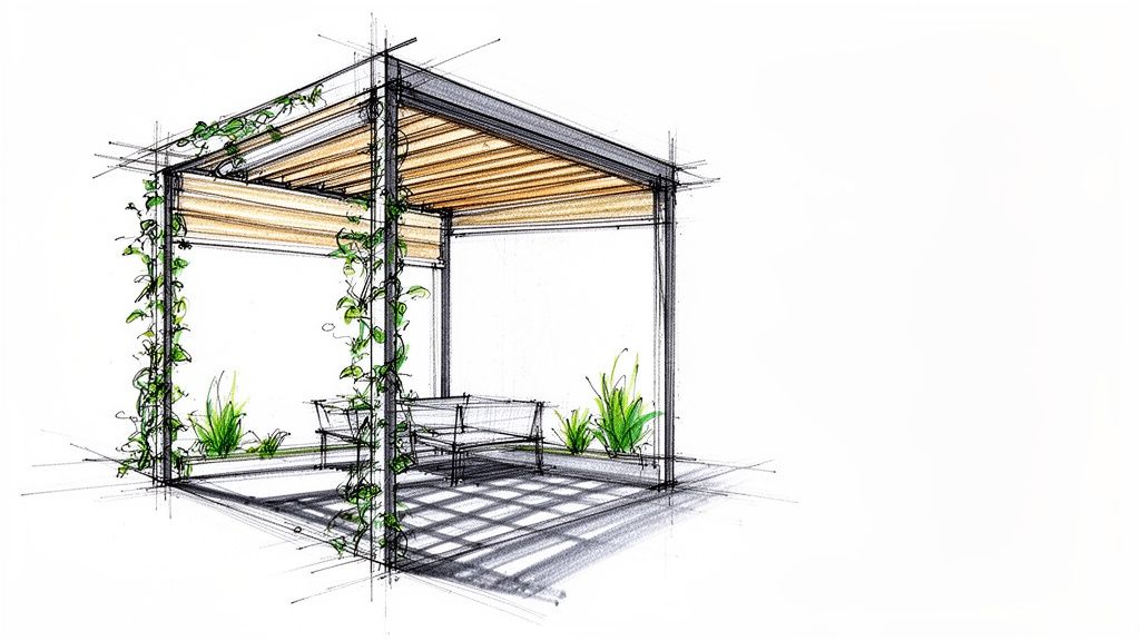 Hand-drawn sketch of a modern pergola with climbing vines, a bench, and dappled sunlight.