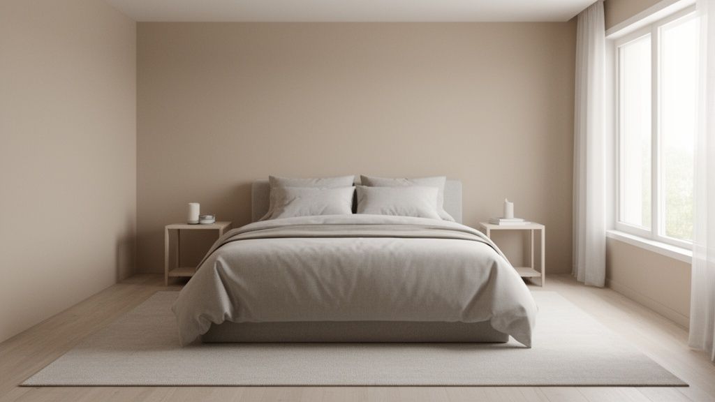 A minimalist bedroom with a neutral beige and grey color palette, featuring a bed, nightstands, and a window.