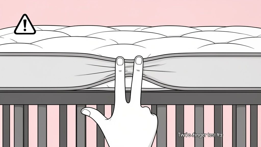 A hand performs a two-finger test on a crib mattress, revealing a dangerous gap, indicating an unsafe fit.