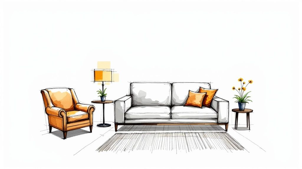 Stylish living room with accent furniture, a rug, and layered lighting.