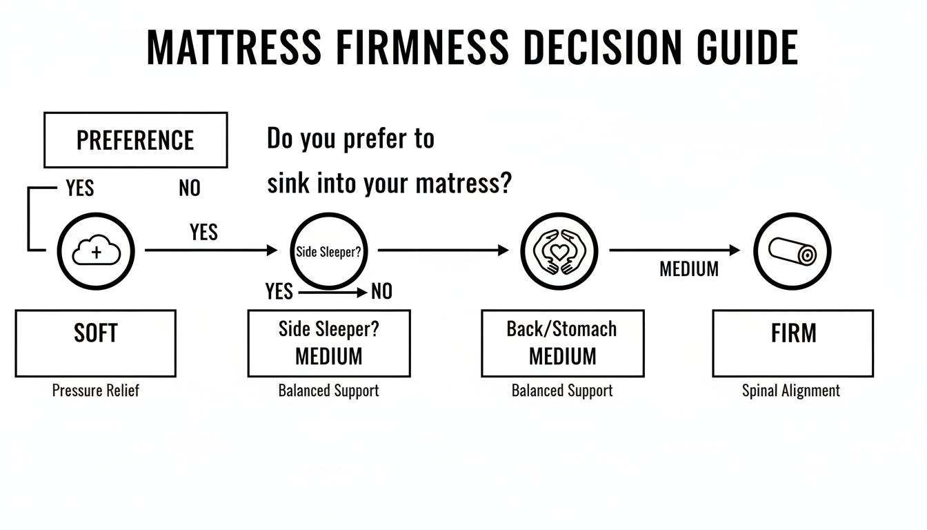 A flowchart guiding mattress firmness decisions based on preference to sink and sleeping position.