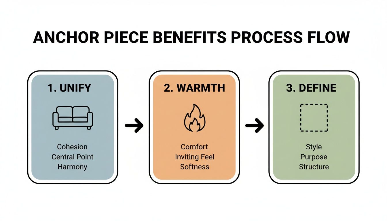 Flowchart showing three benefits of an anchor piece: unify, warmth, and define.