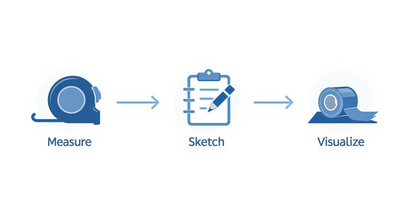 A three-step process diagram showing icons for Measure, Sketch, and Visualize, connected by arrows.