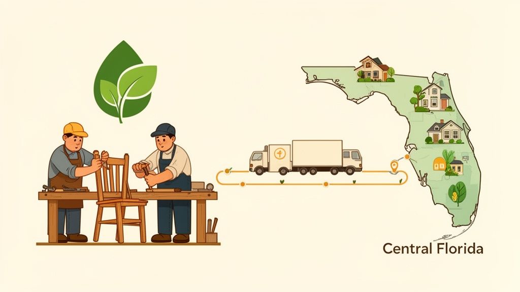 Craftsmen build a wooden chair, with a truck delivering furniture to homes across Florida.