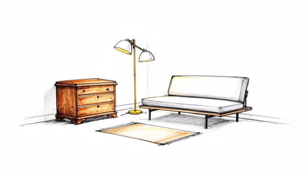 A detailed sketch of a room featuring a wooden dresser, a floor lamp, a white sofa, and a rug.