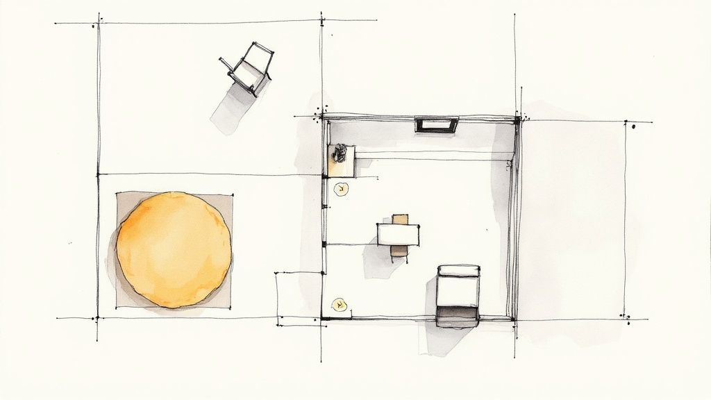 Architectural floor plan sketch showing small living room layout with furniture arrangement and workspace
