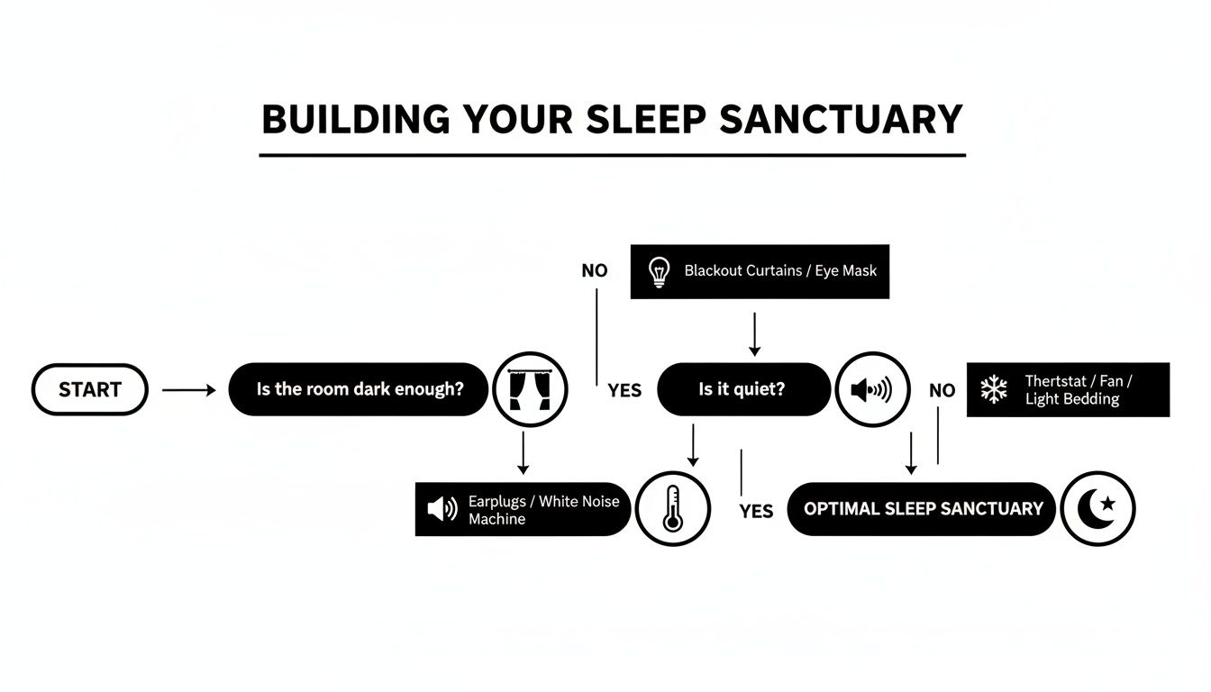 A flowchart titled 'Building Your Sleep Sanctuary' guiding users to optimize their sleep environment by addressing darkness, quietness, and temperature.