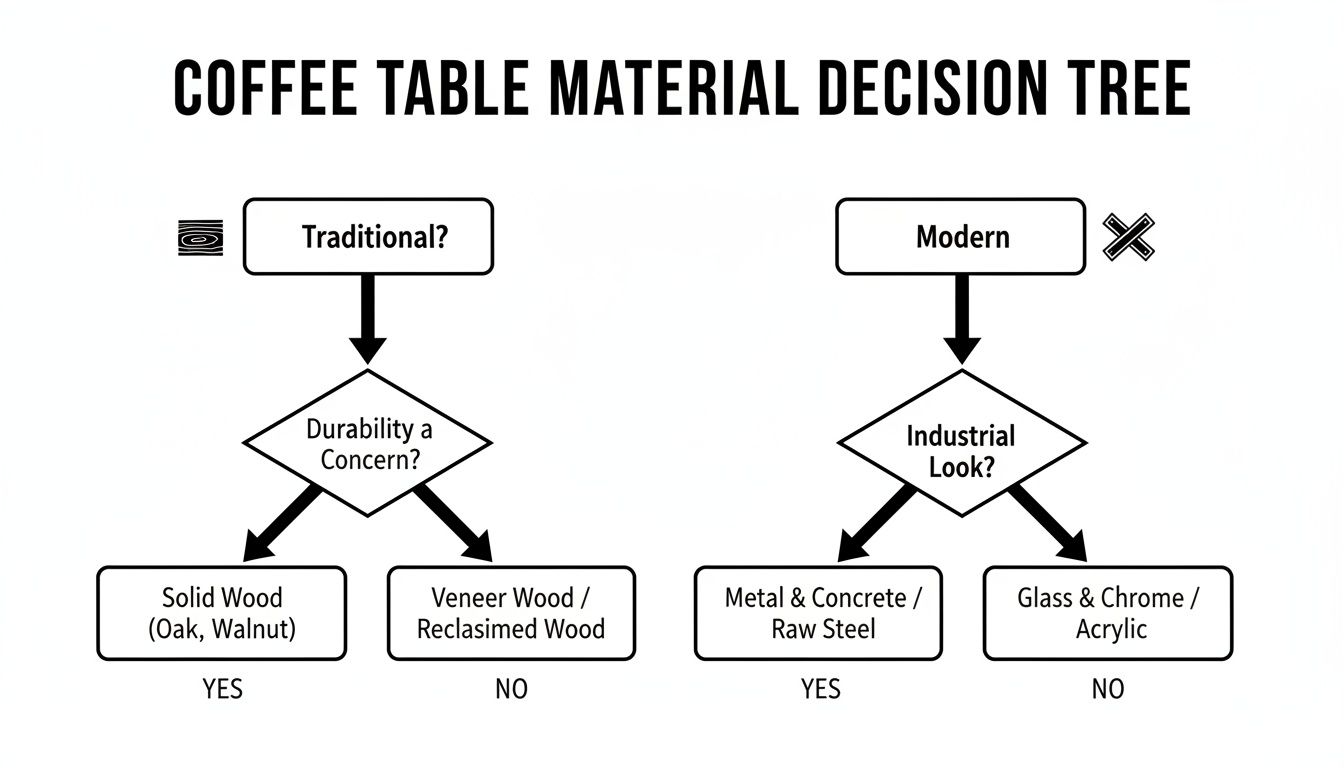 Decision tree for coffee table materials, guiding choices between traditional solid wood and modern finishes.