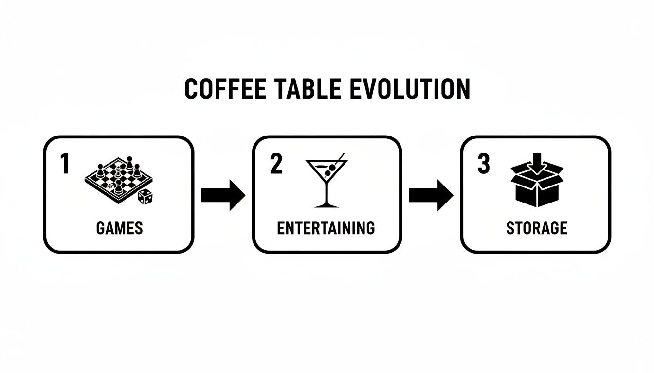 A diagram illustrates the evolution of coffee table uses: from games, to entertaining, and finally storage.