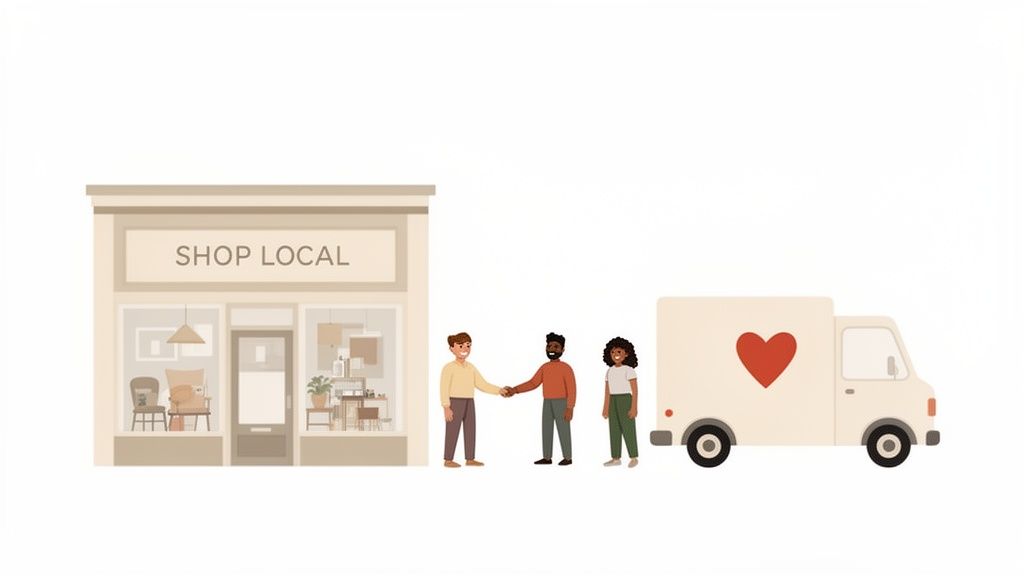 Illustration of people supporting a local furniture store with a handshake and a delivery truck.
