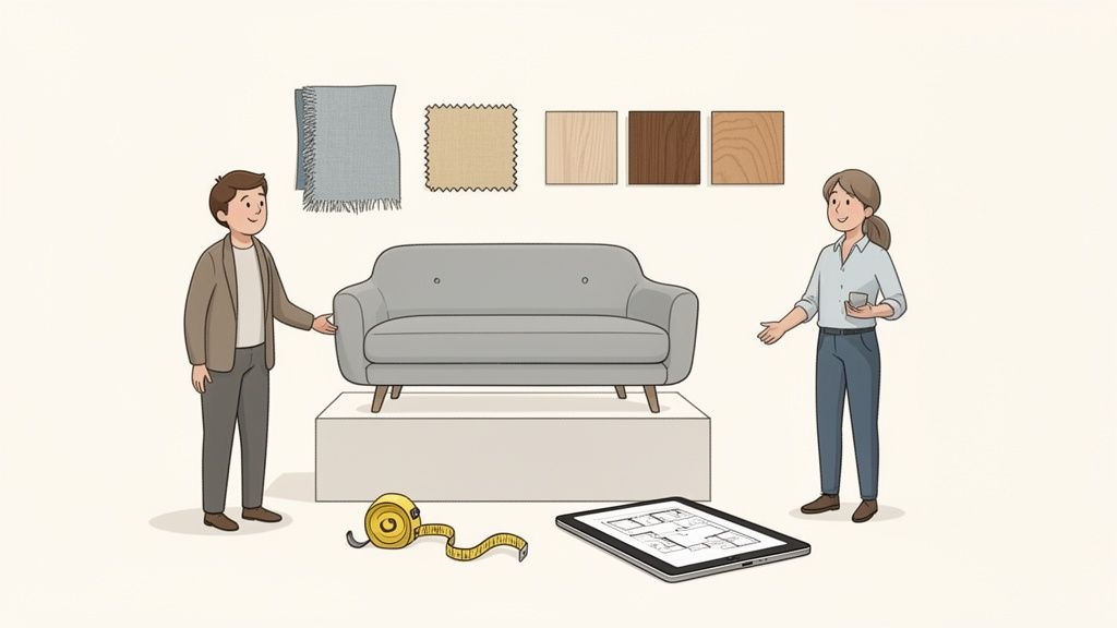 A man and woman discuss sofa options with fabric swatches, wood samples, and a floor plan.