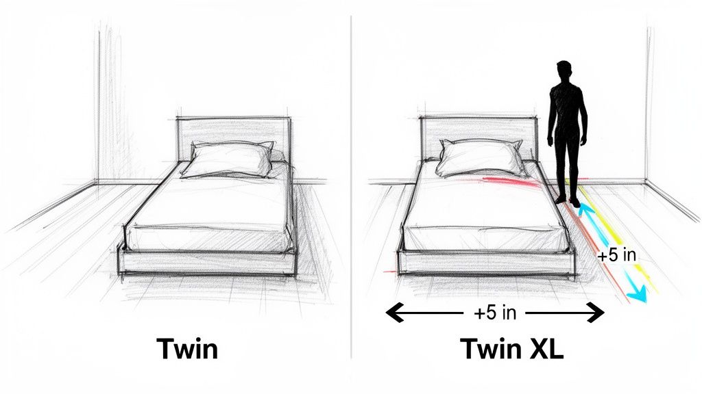Sketch illustrating Twin and Twin XL bed sizes, showing Twin XL is 5 inches longer with a person standing.
