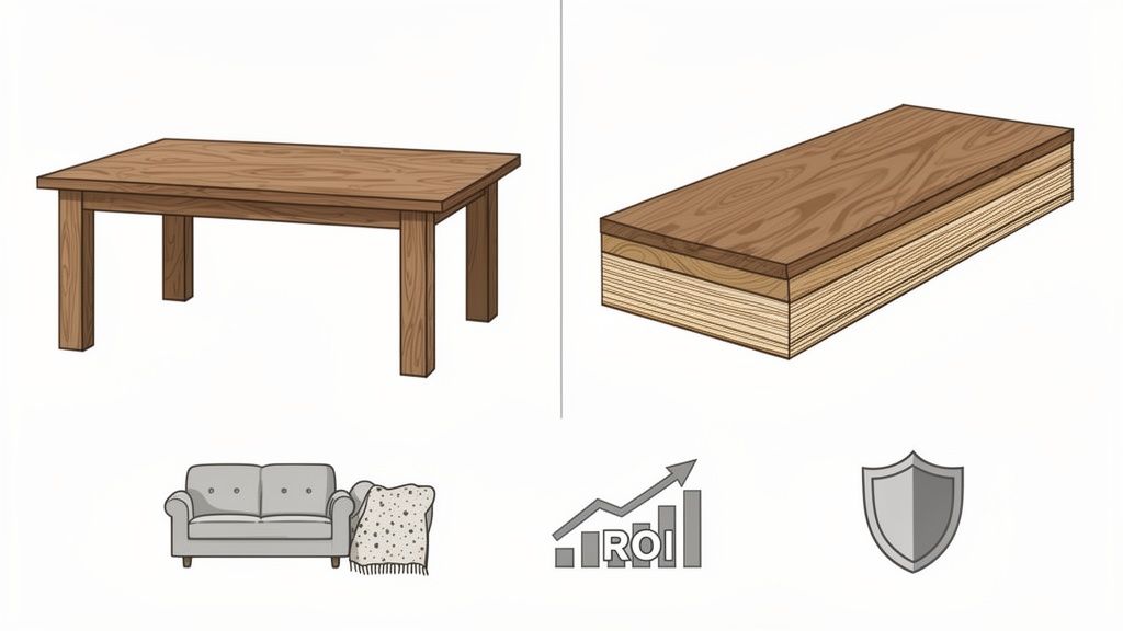 Illustrations of a wooden table, layered wood panel, a sofa, ROI graph, and a shield icon.