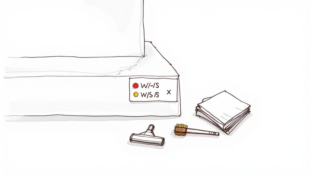 Illustration detailing fabric care symbols for a sofa, with cleaning tools like a brush and vacuum.