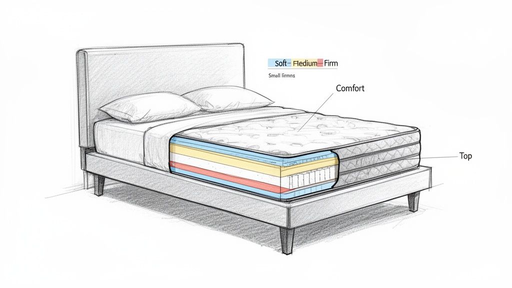 Sketch of a bed with a mattress cutaway, showing internal layers color-coded for soft, medium, and firm comfort.