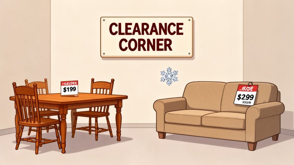 A furniture clearance corner showcasing a wooden dining set for $199 and a beige sofa for $2.99.