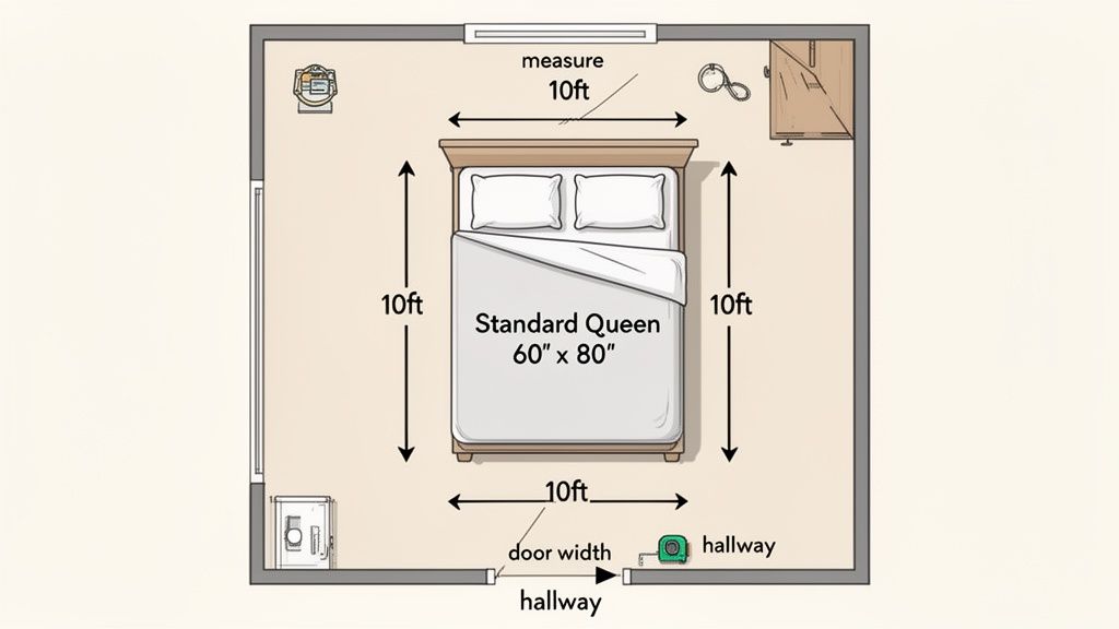 Top-down view of a 10x10 foot bedroom featuring a standard queen size bed, 60 by 80 inches.