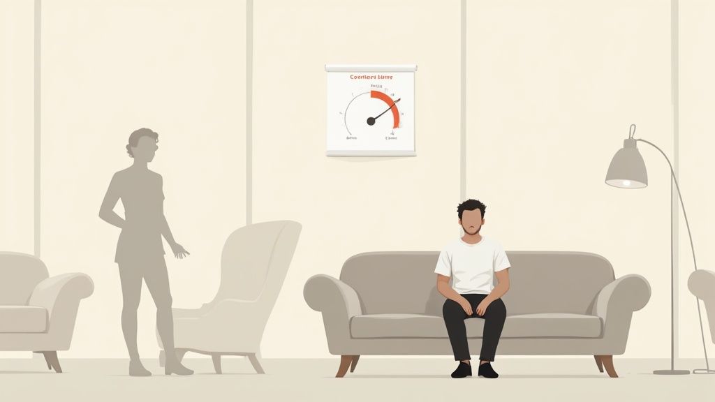 An illustration of a man on a sofa, a woman's silhouette, and a comfort scale on the wall.